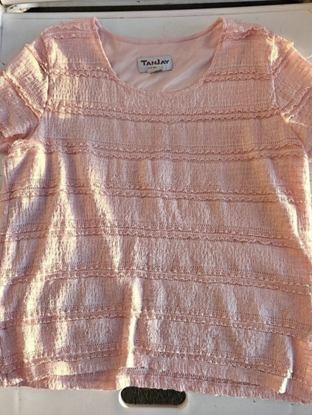 TanJay Short Sleeve Textured Top in Pink Size PS